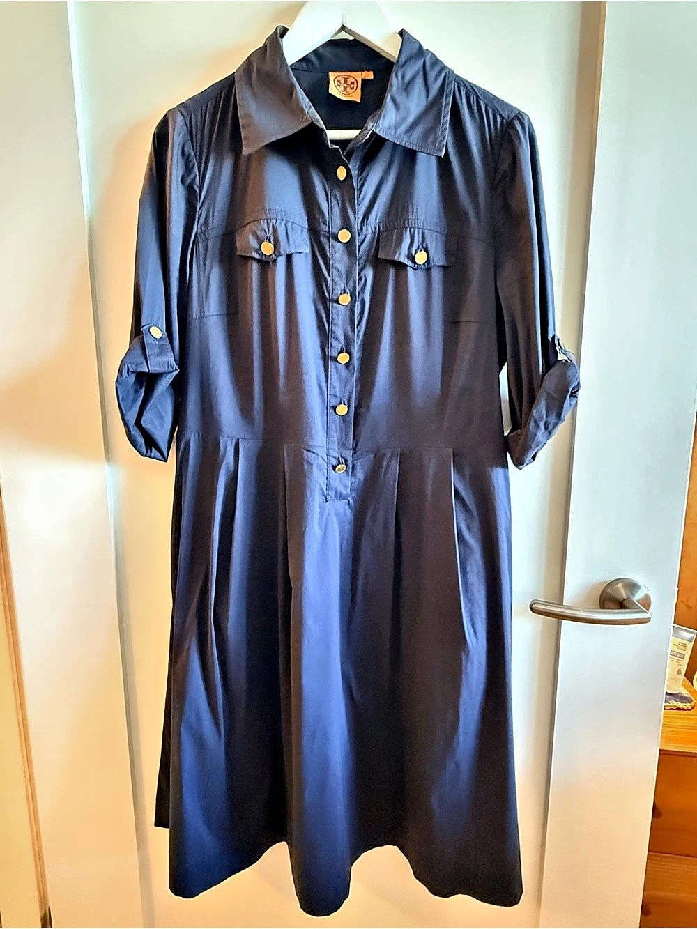 Tory Burch Navy Cotton Shirt Dress with Gold Logo Buttons, Size 12